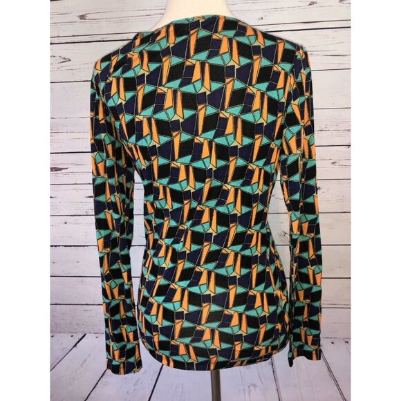 Cabi Small Long Sleeve Shirt Faux‎ wrap ruched Gathered Front Geometric Colorful - Picture 8 of 9